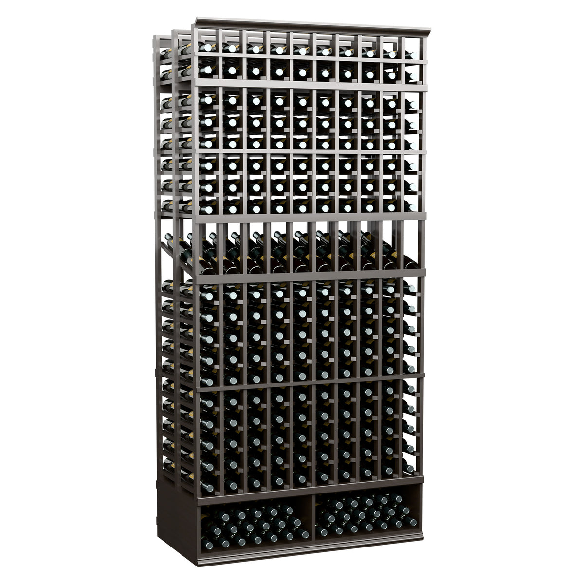 Black metal wine bottle display rack with double-deep grid rows and 10 columns