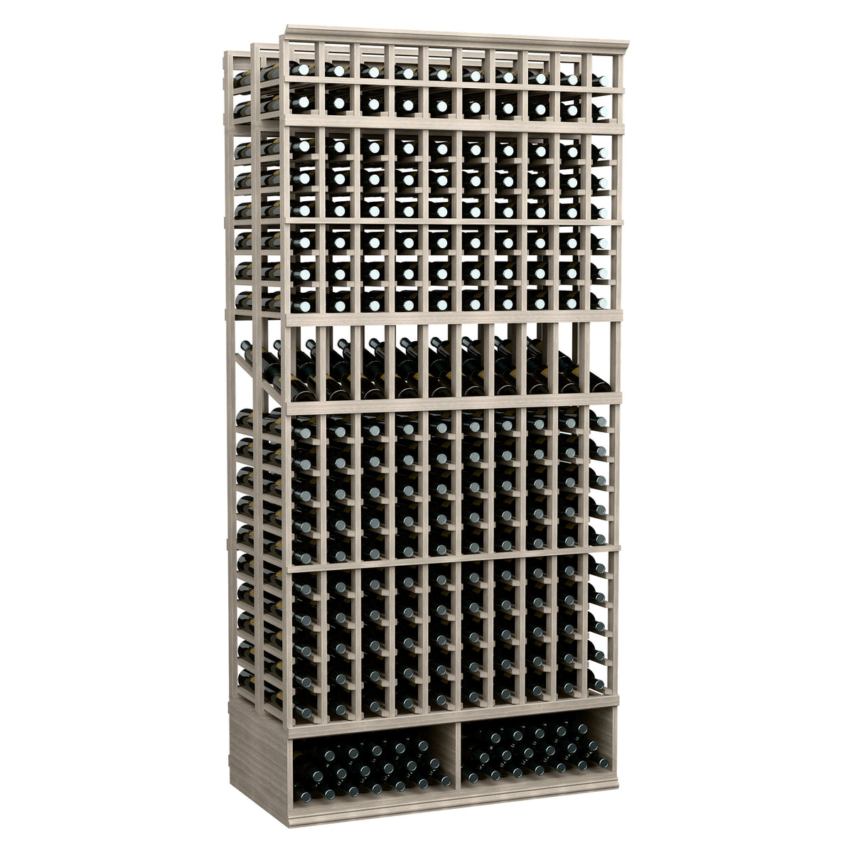 Dark wine bottle display rack with double-deep grid slots and 10 vertical columns