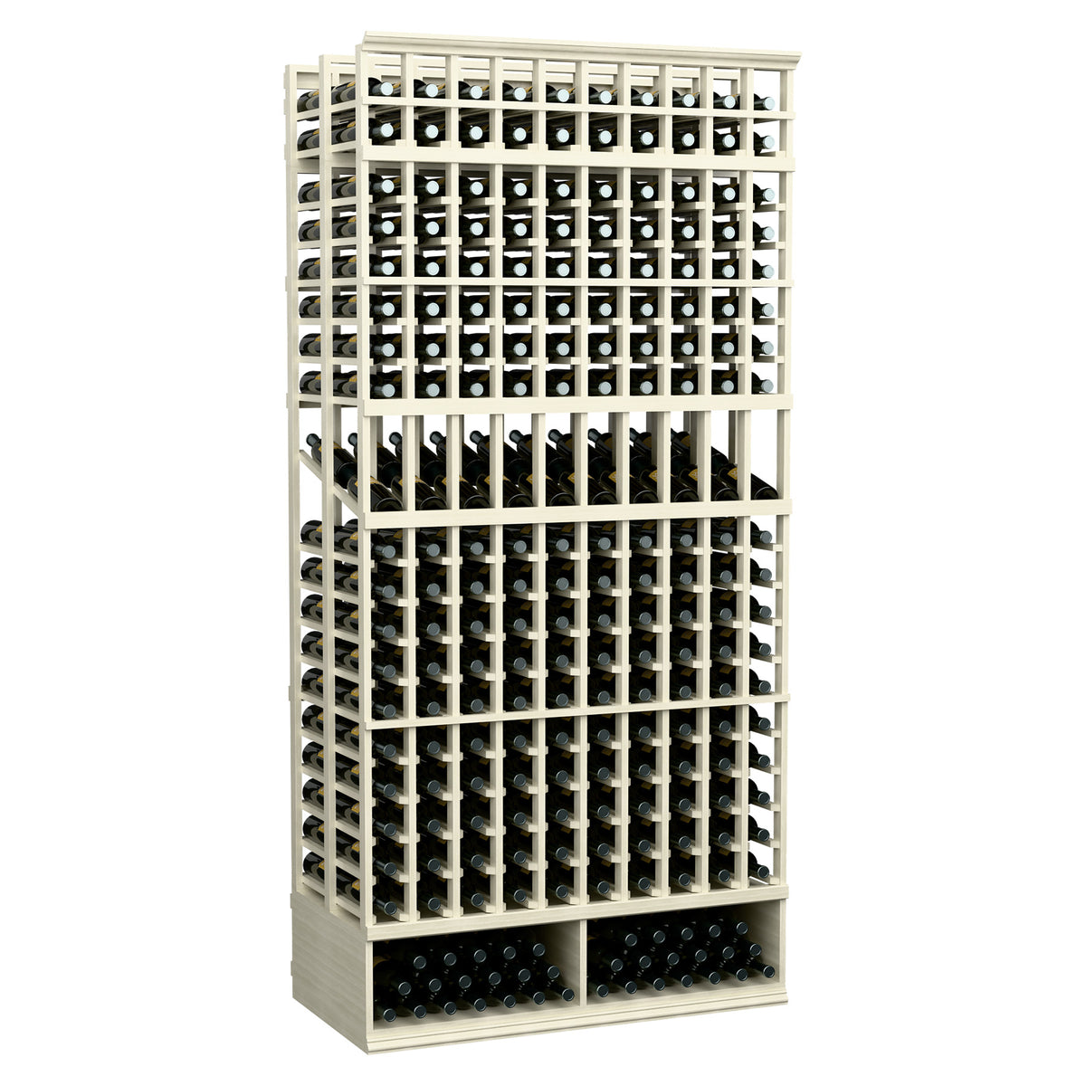 Natural wood 10-column double-deep bottle display rack, 8-ft tall