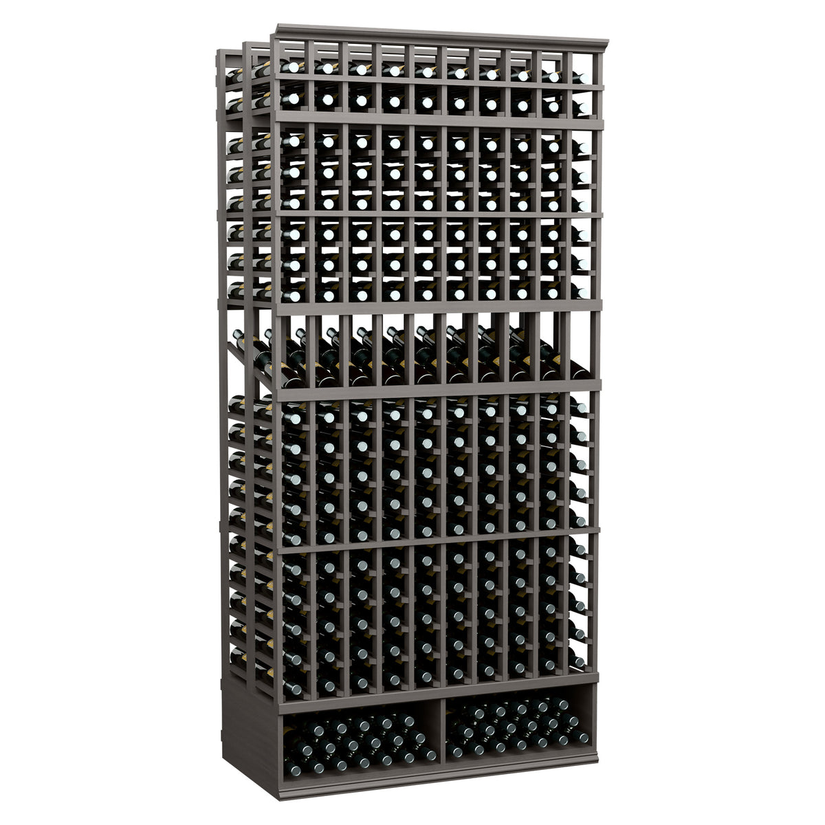 Black 10-column double-deep bottle display rack with front grid, 8-ft tall