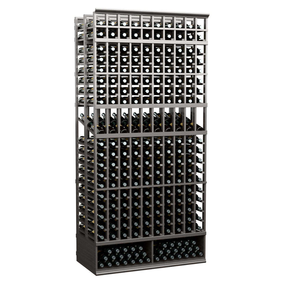 Dark finish 10-column double-deep bottle display rack, front bottle grid, 8-ft tall