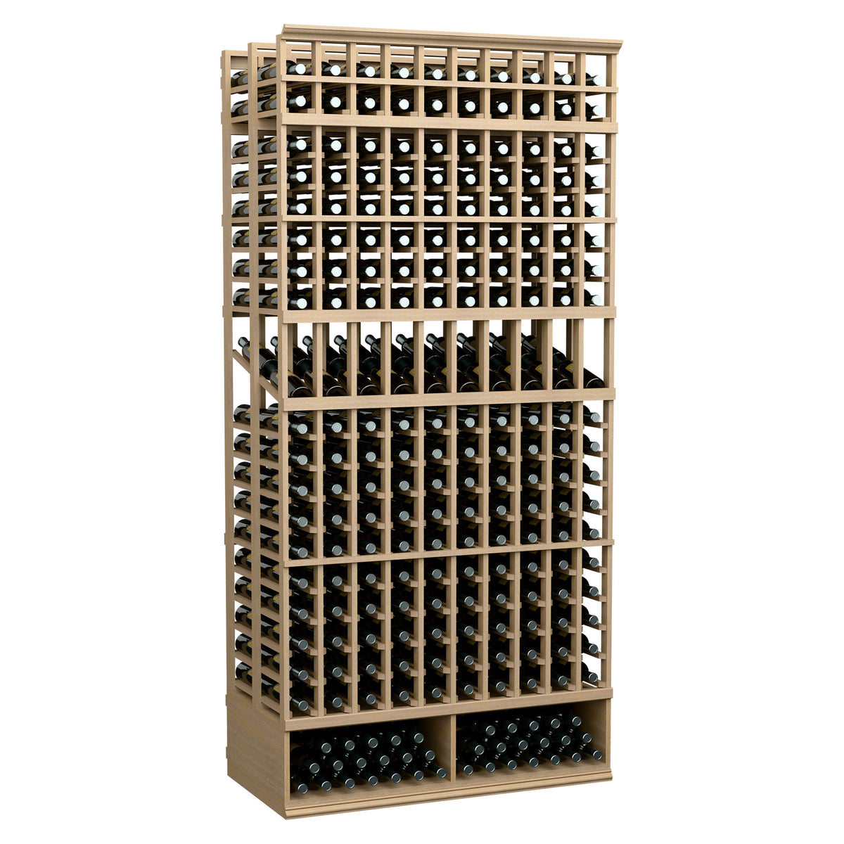 Light wood 10-column double-deep bottle display rack, front grid, 8-ft tall