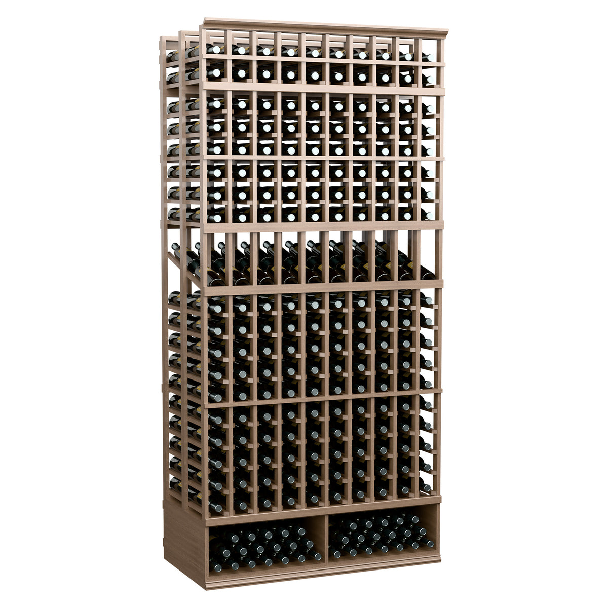 Light wood 10-column double-deep bottle display rack, front grid, 8-ft tall