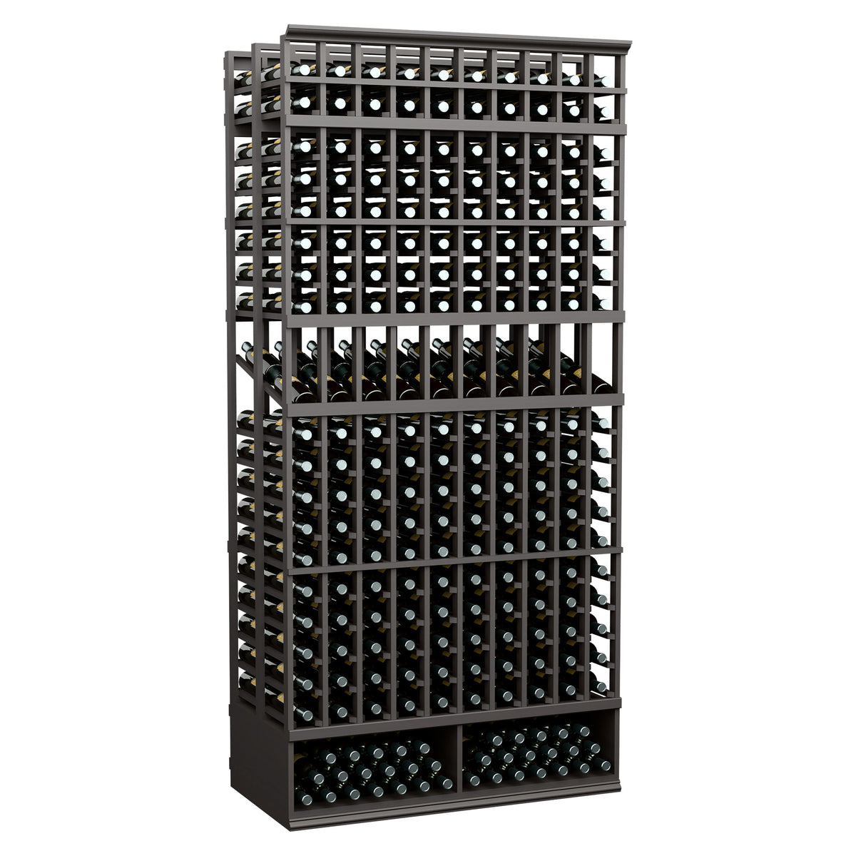 Charcoal 10-column double-deep bottle display rack with front grid, 8-ft tall