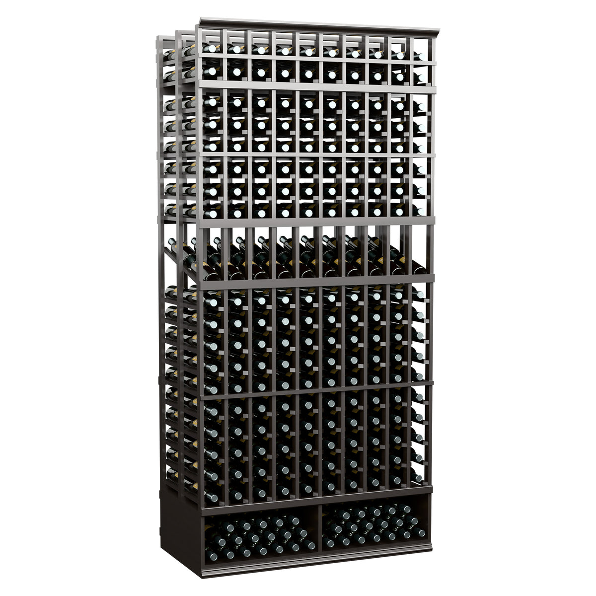 Double-deep wine display rack with black frame and bottle slots, 10 columns