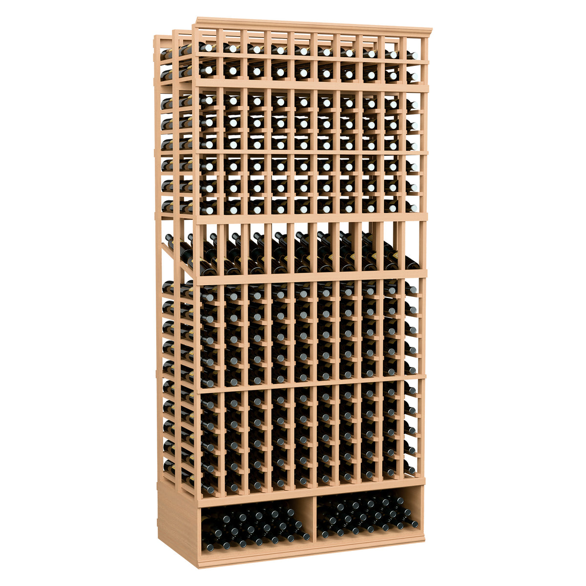 Double-deep wine display rack with natural wood frame and bottle slots, 10 columns