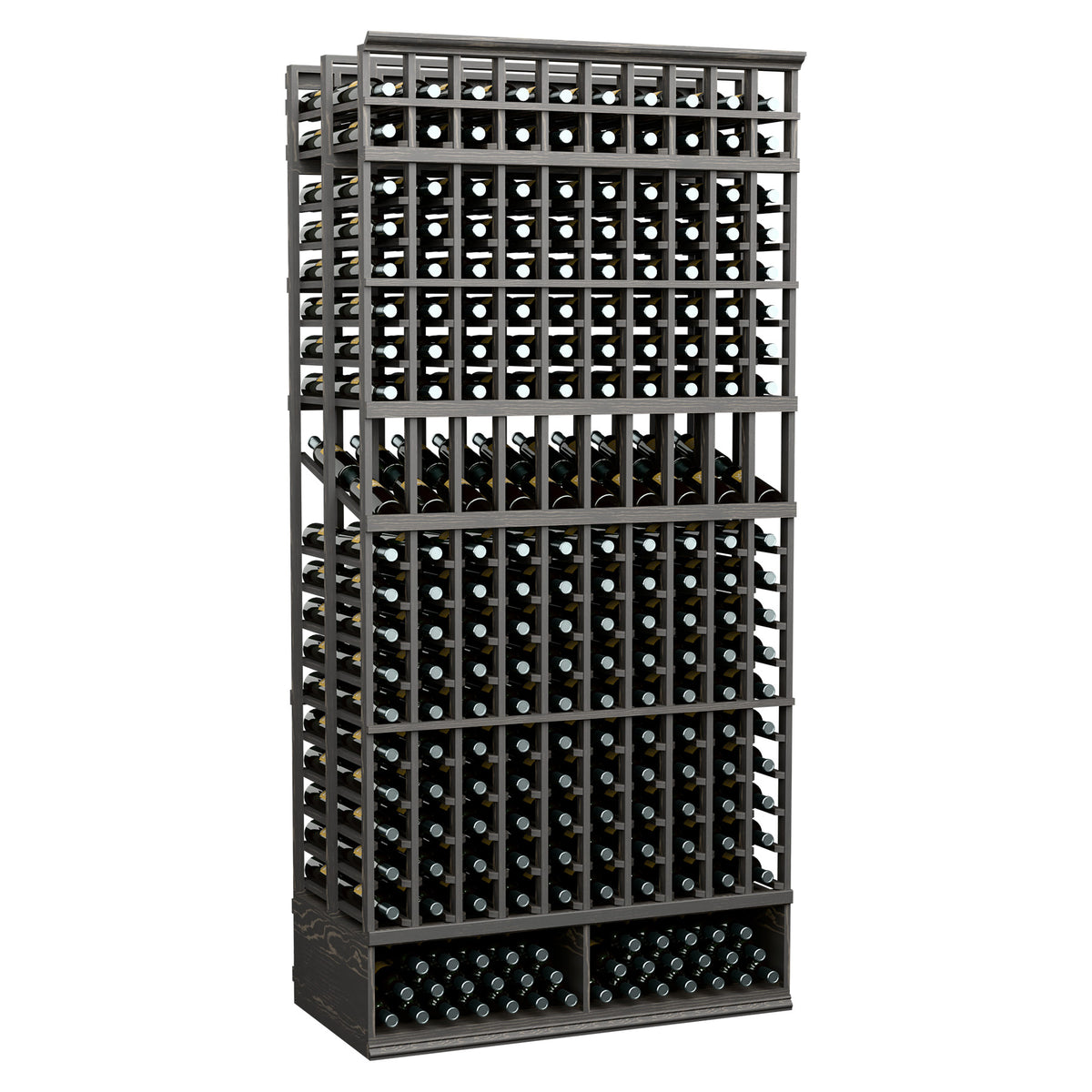 Dark wood wine bottle display rack with double-deep 10-column bottle grid