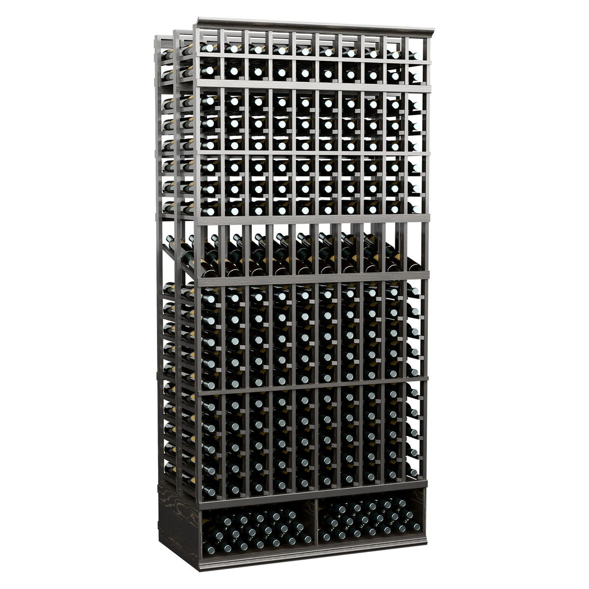 Black wine bottle display rack with double-deep 10-column bottle grid