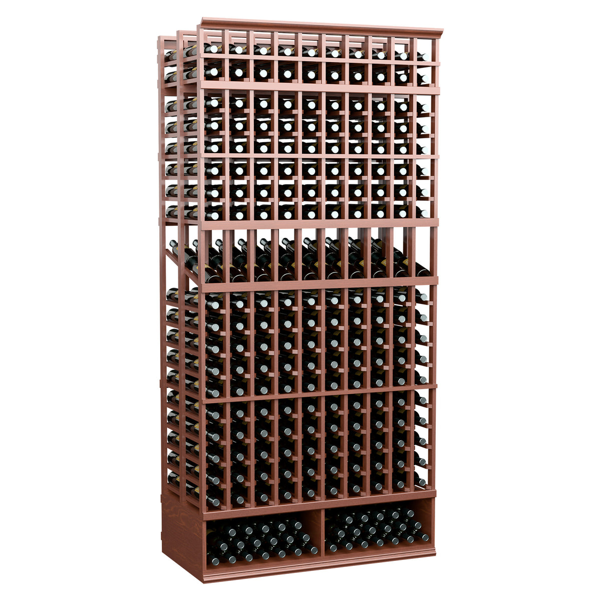 Warm brown wood wine bottle display rack with double-deep 10-column bottle grid