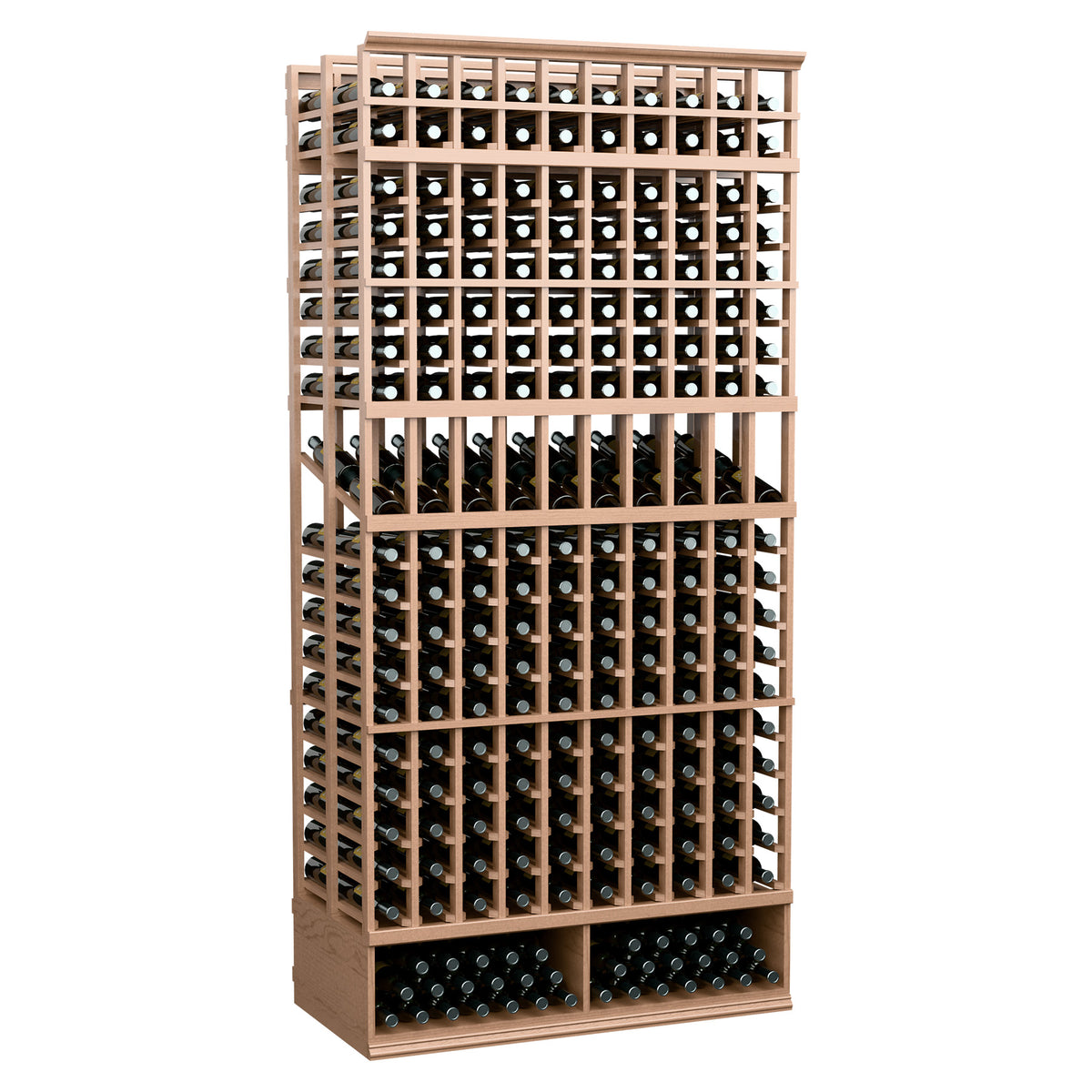 Natural wood wine bottle display rack with double-deep 10-column bottle grid