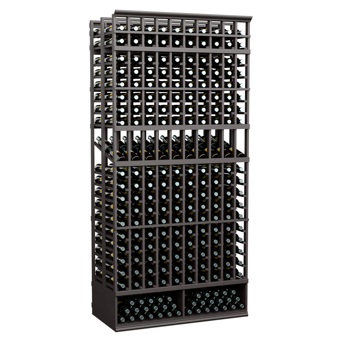 Dark wine bottle display rack with double-deep 10-column bottle grid
