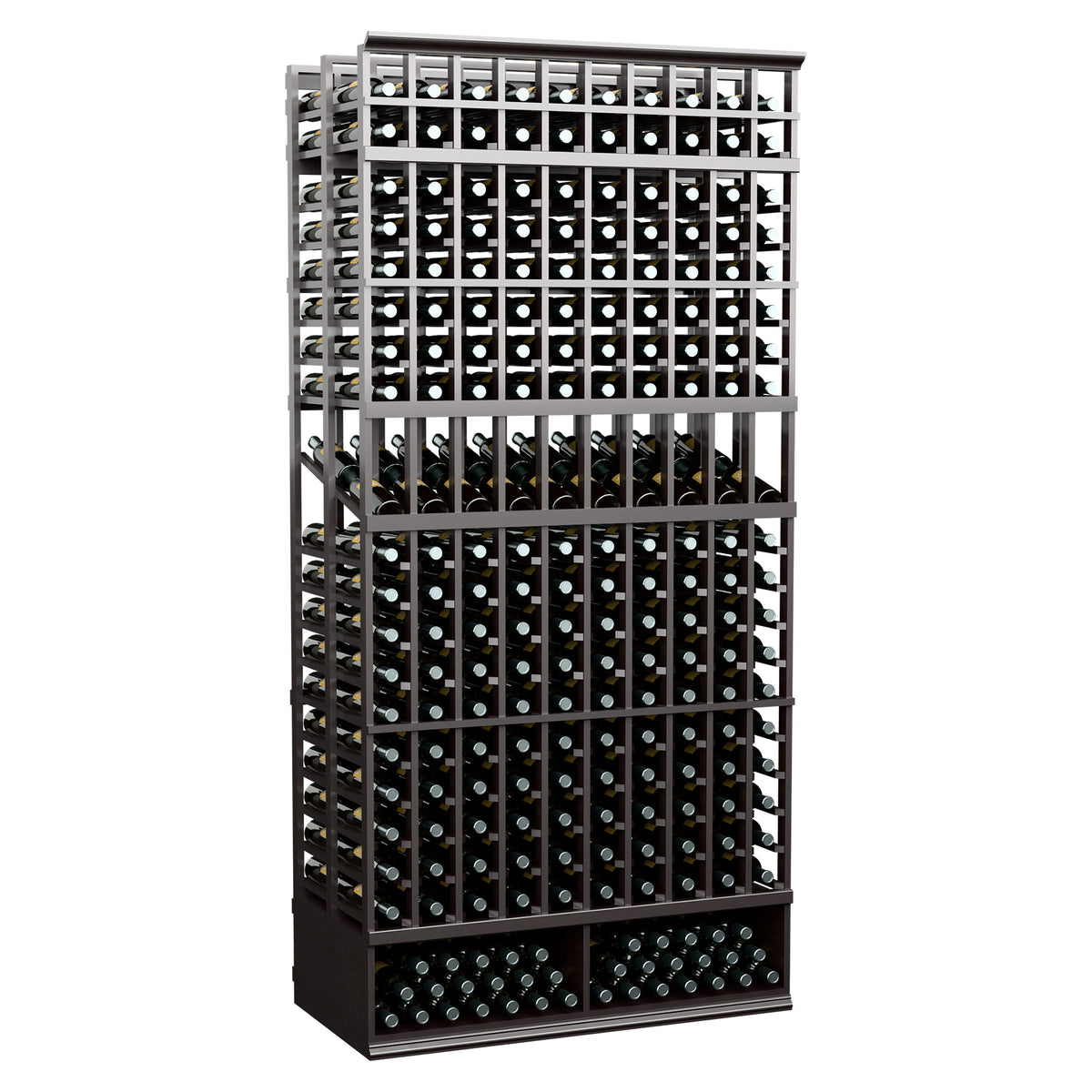 Dark wine display rack with double-deep bottle slots and metal grid frame