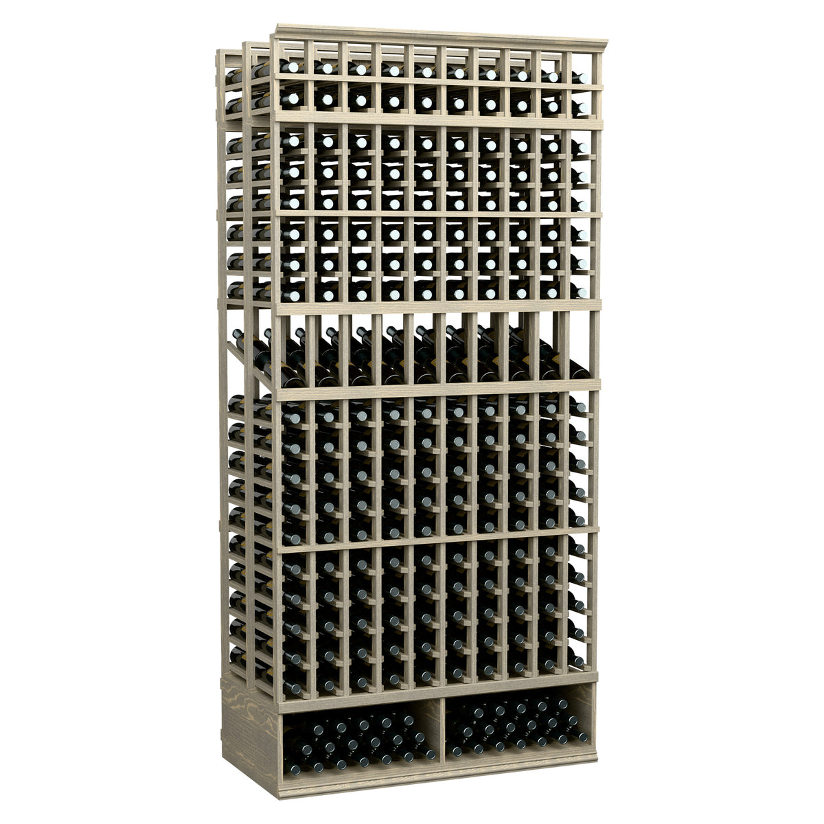 Light wood-toned wine display rack with double-deep bottle slots and metal grid