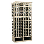 Beige wood-toned wine display rack with double-deep bottle slots and metal bars