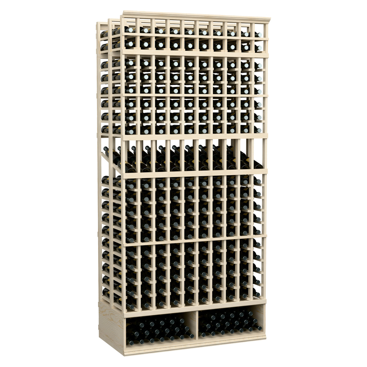 Beige wood-toned wine display rack with double-deep bottle slots and metal bars