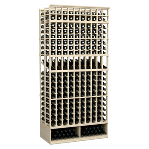 Beige wood-toned wine display rack with double-deep bottle slots and metal bars