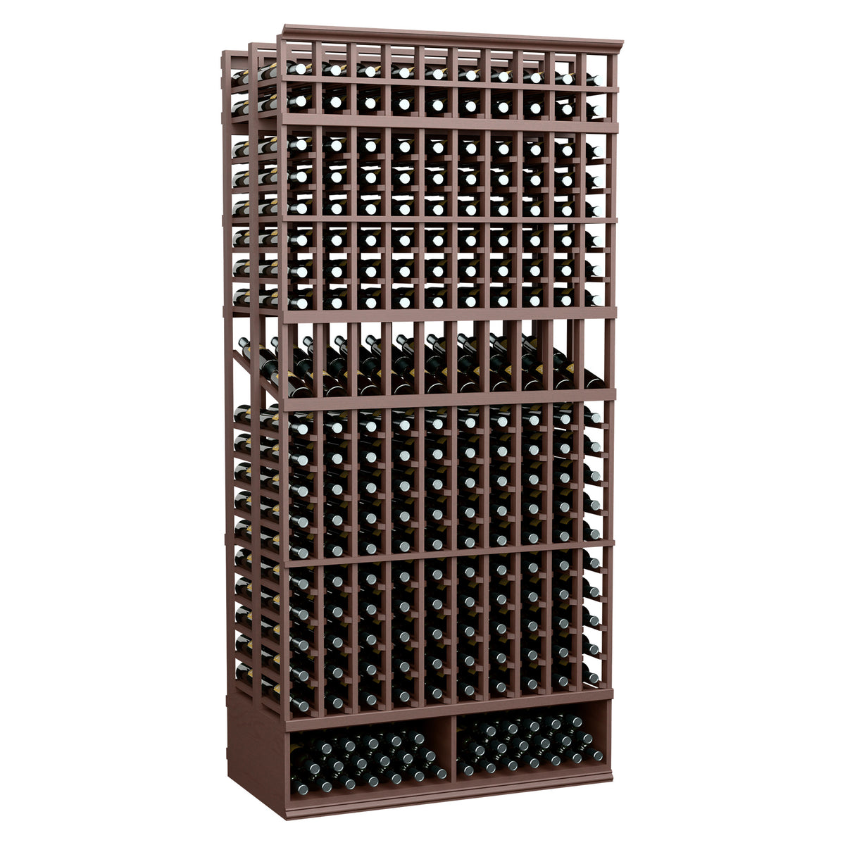 Brown wine display rack with double-deep bottle slots and sturdy metal grid