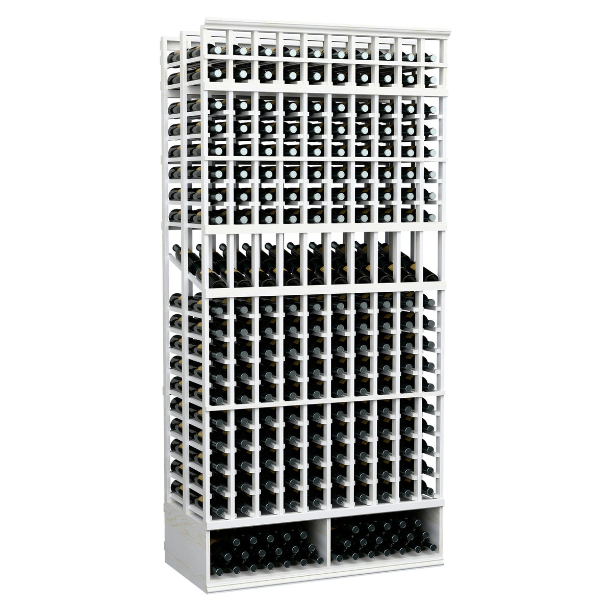 White wine display rack with double-deep bottle slots and metal grid frame