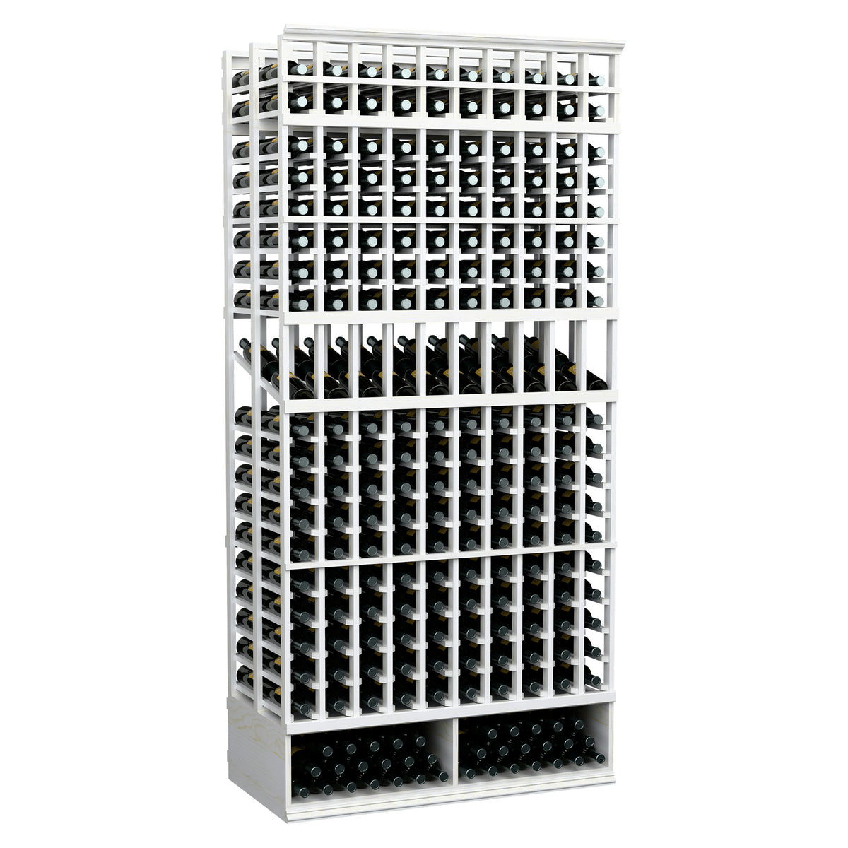 White 10-column double-deep wine display rack with bottle rows and metal grid frame.