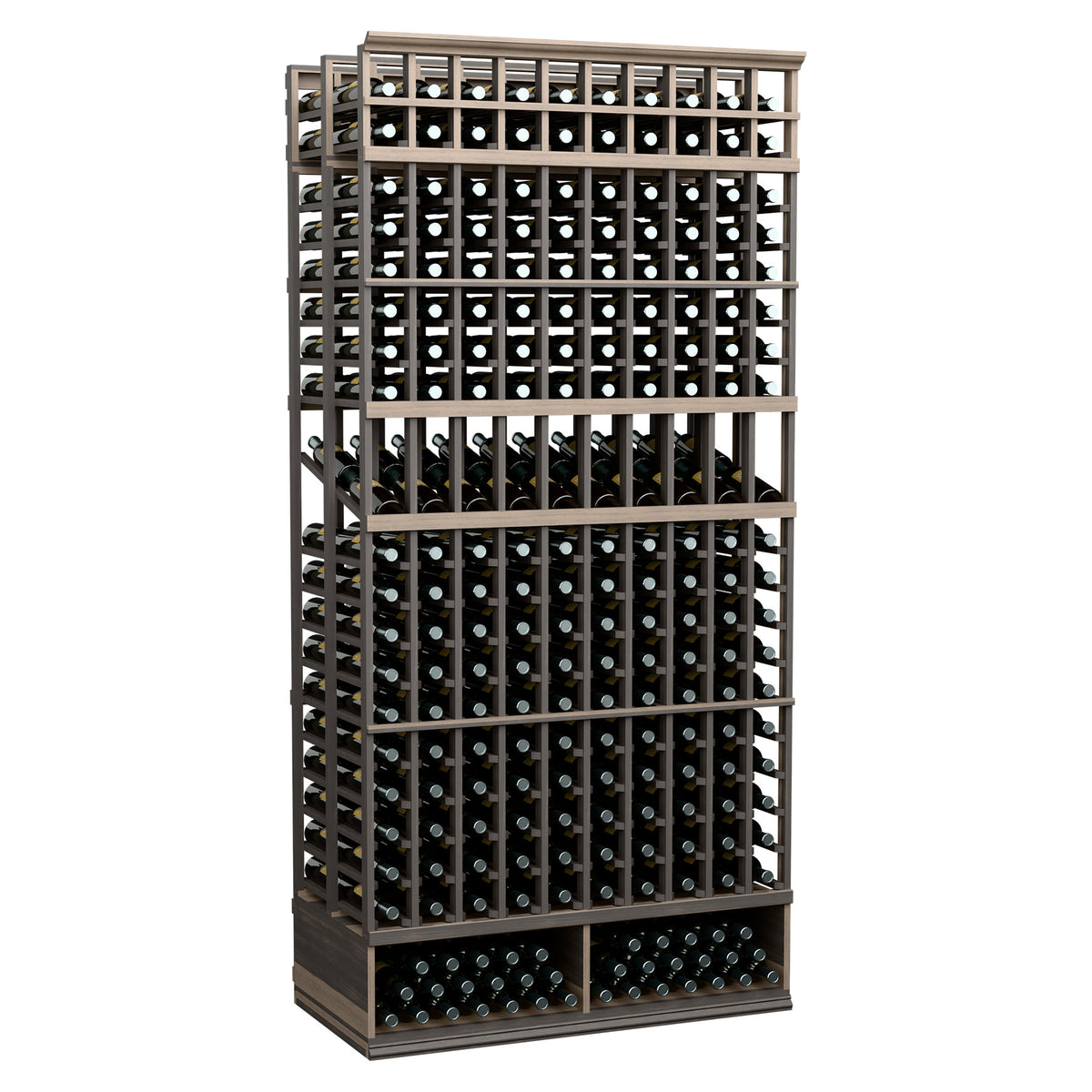 Dark brown 10-column double-deep wine display rack with bottle rows and metal grid frame.