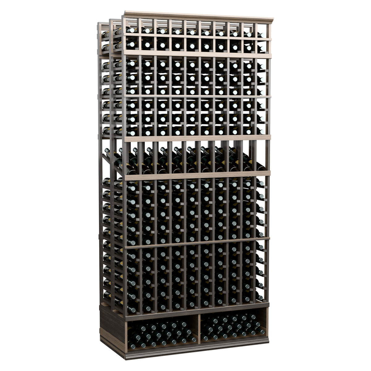 Mid-brown 10-column double-deep wine display rack with bottle rows and metal grid frame.