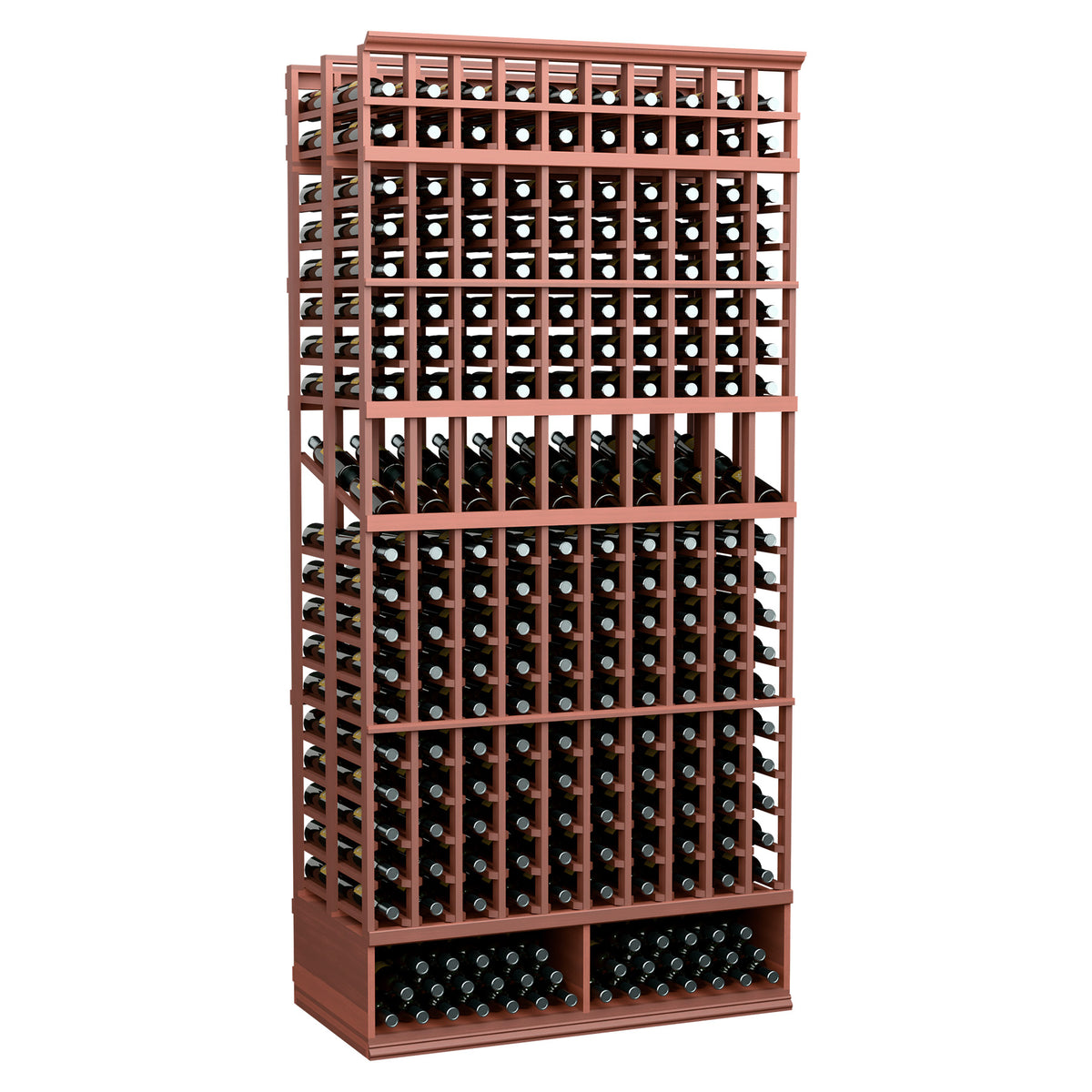 Redwood 10-column double-deep wine display rack with bottle rows and metal grid frame.