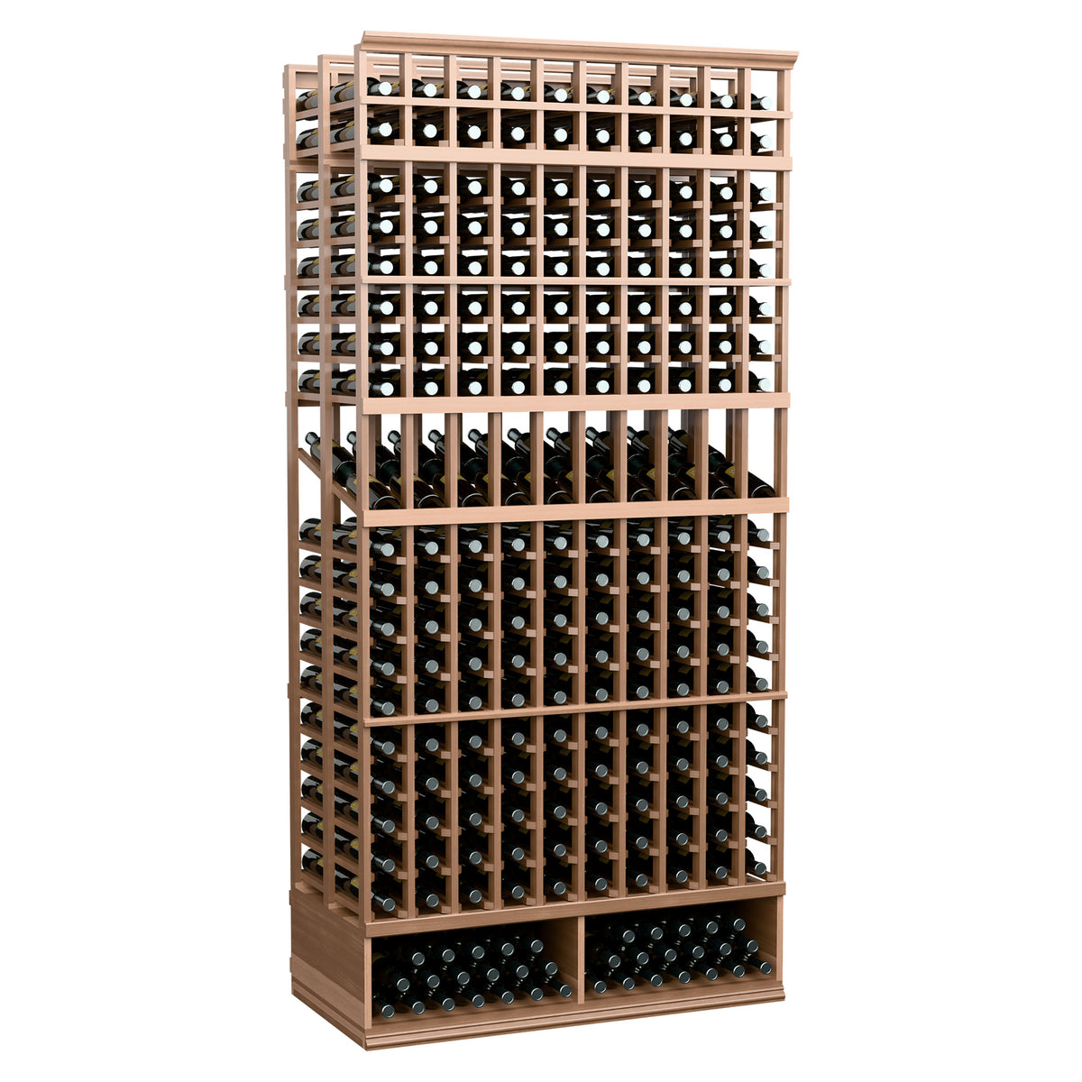 Light wood 10-column double-deep wine display rack with bottle rows and metal grid frame.
