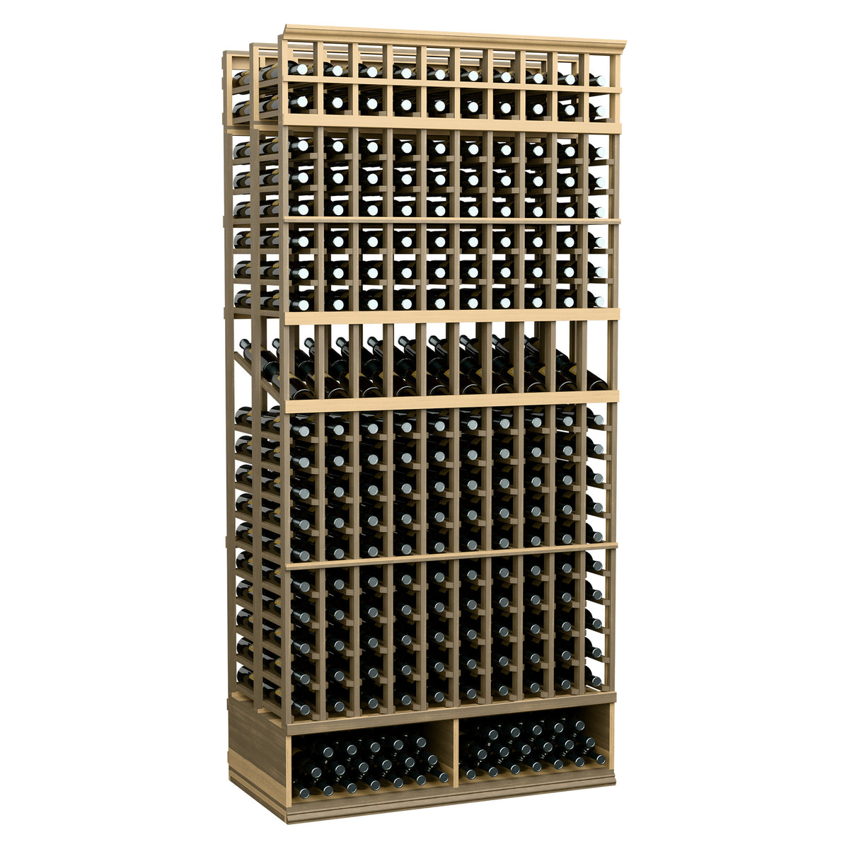Natural light wood 10-column double-deep wine display rack with bottle rows and metal grid frame.
