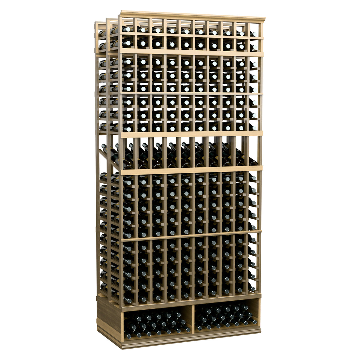 Pale light wood 10-column double-deep wine display rack with bottle rows and metal grid frame.
