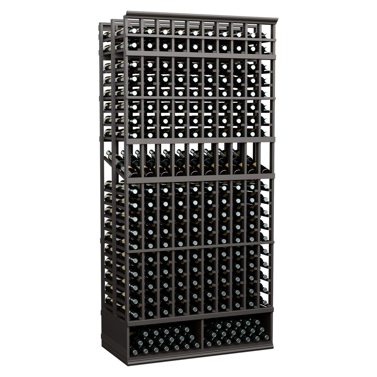 Black 10-column double-deep wine display rack with bottle rows and metal grid frame.