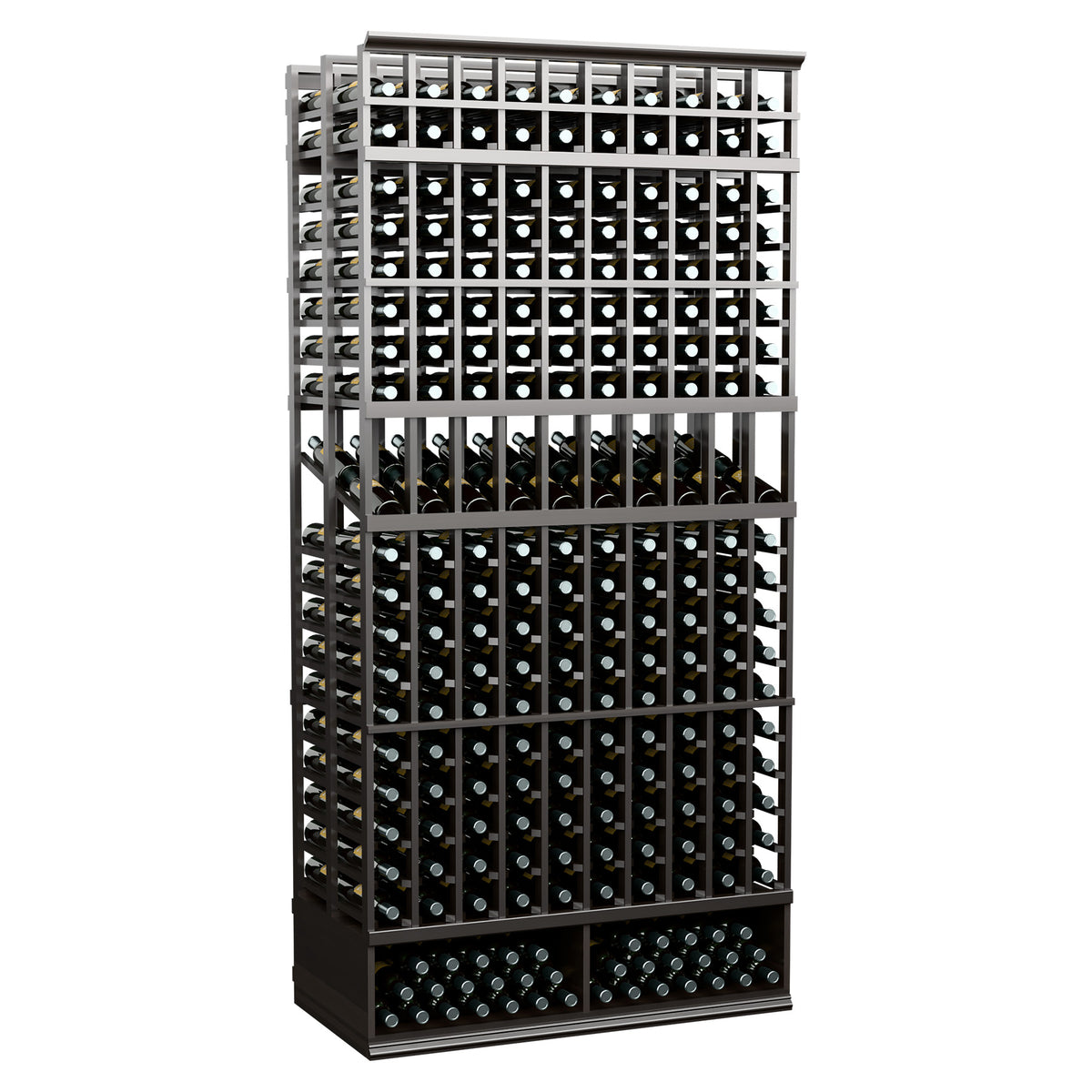 8 ft double deep wine bottle display rack with black frame and empty bottle slots