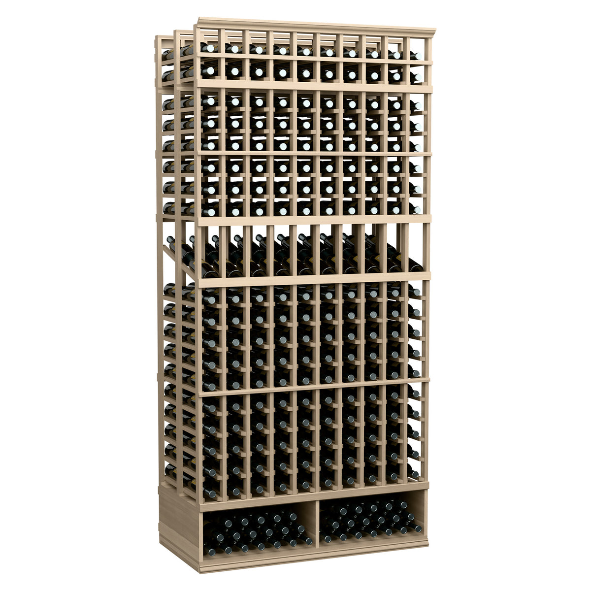 8 ft double deep wine bottle display rack with light wood frame and empty bottle slots