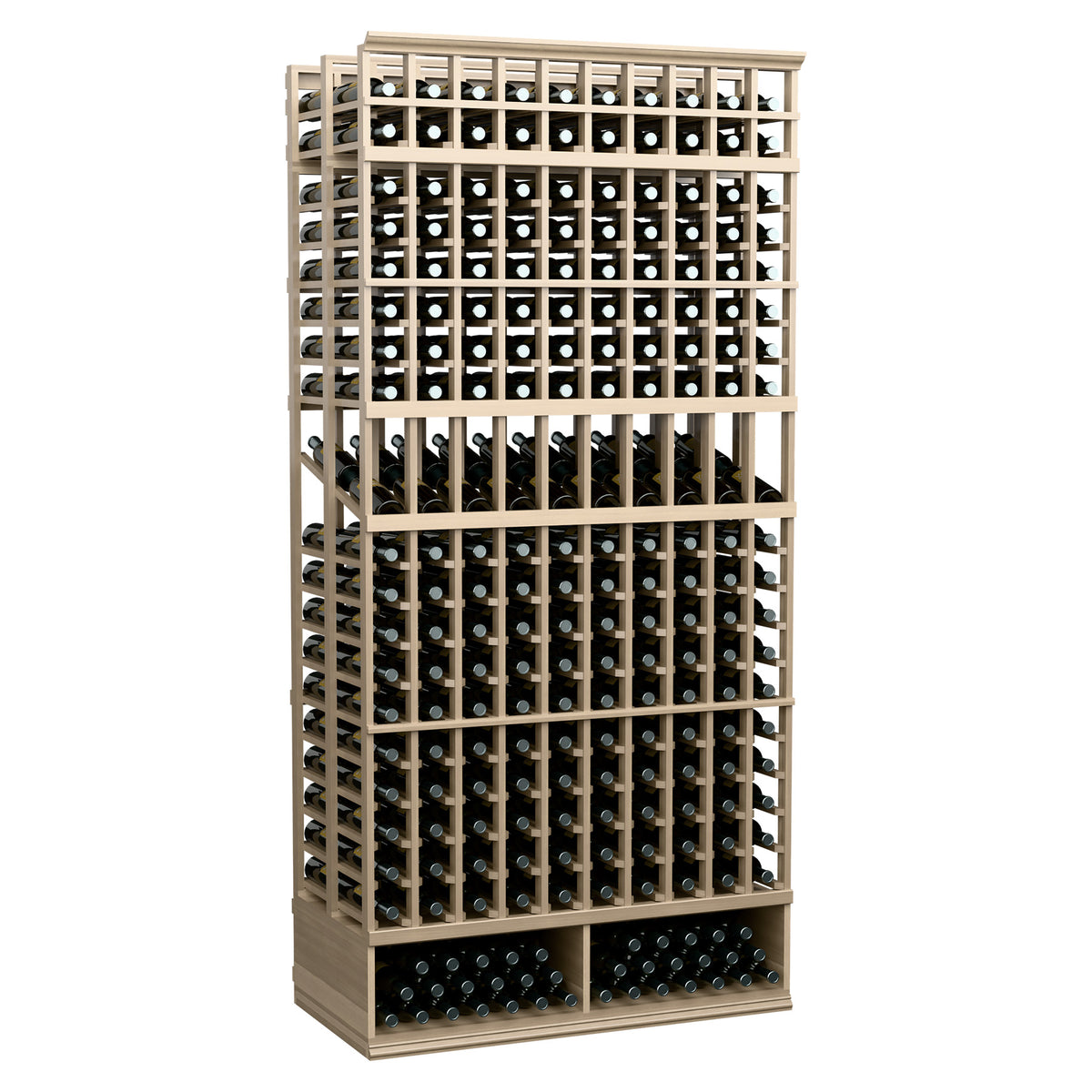 8 ft double deep wine bottle display rack with light wood grid and bottle bottle slots
