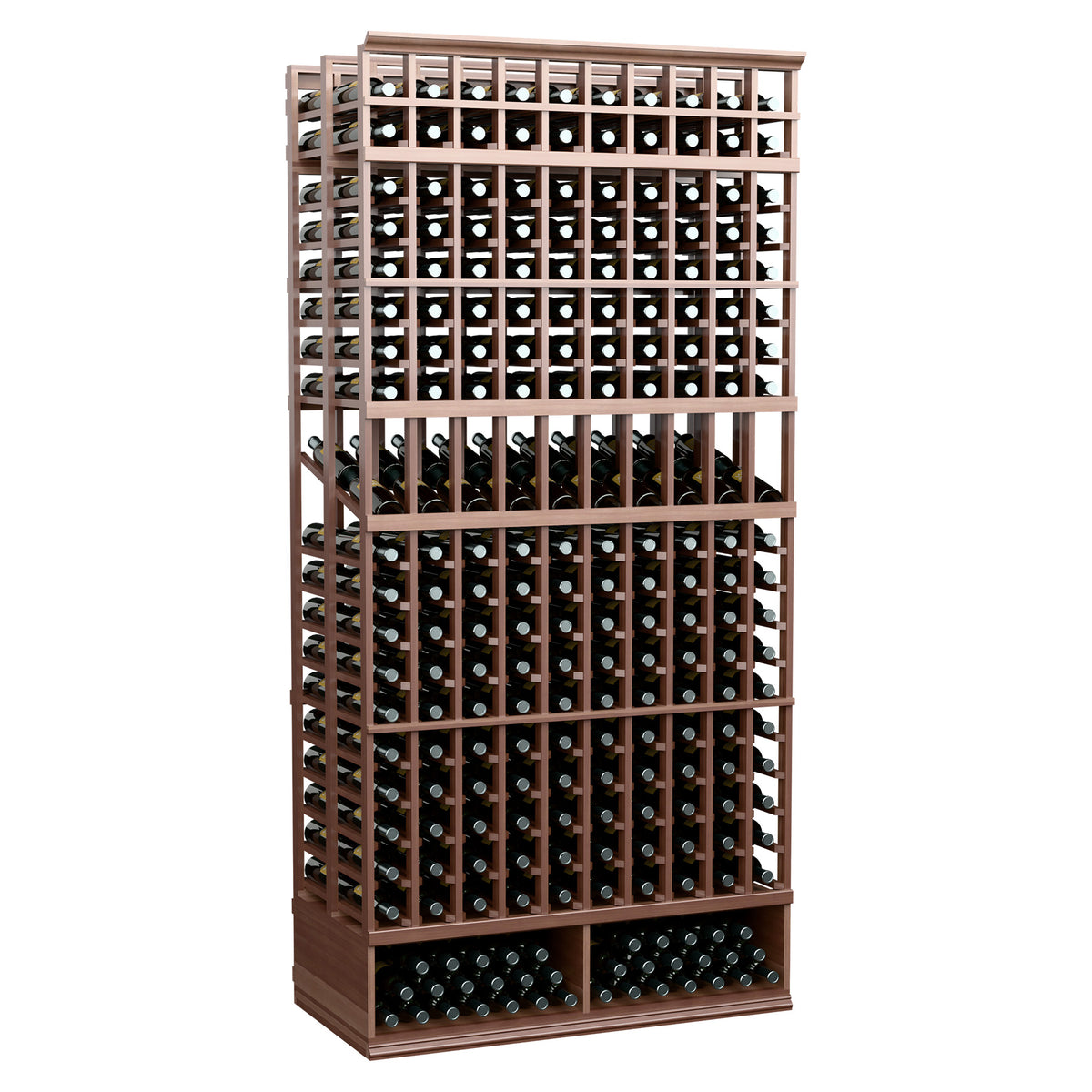 8 ft double deep wine bottle display rack with dark wood frame and lower bottle section