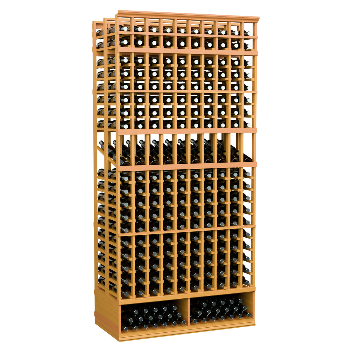8 ft double deep wine bottle display rack with pale wood frame and empty bottle slots