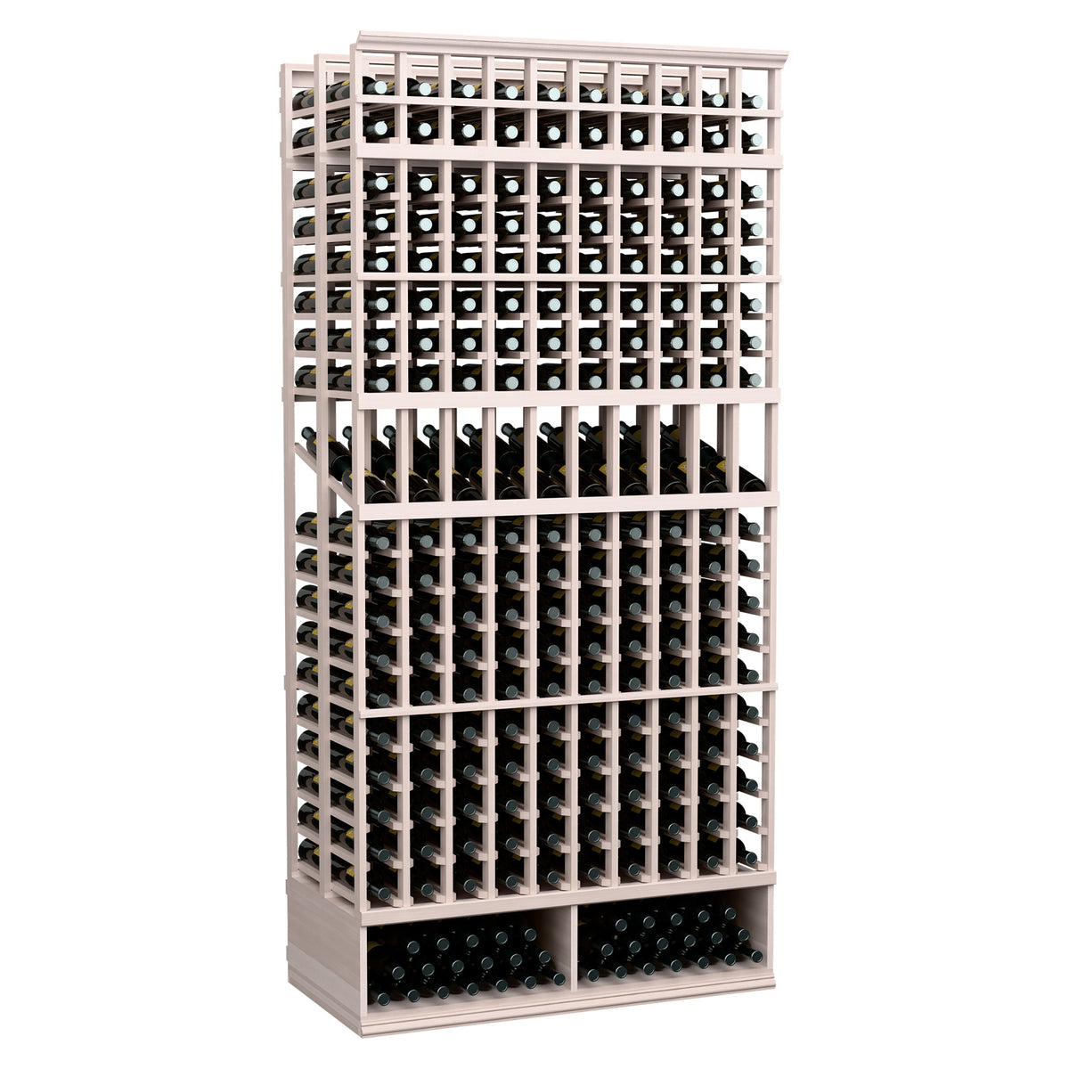 8 ft double deep wine bottle display rack with grey-toned frame and empty bottle slots