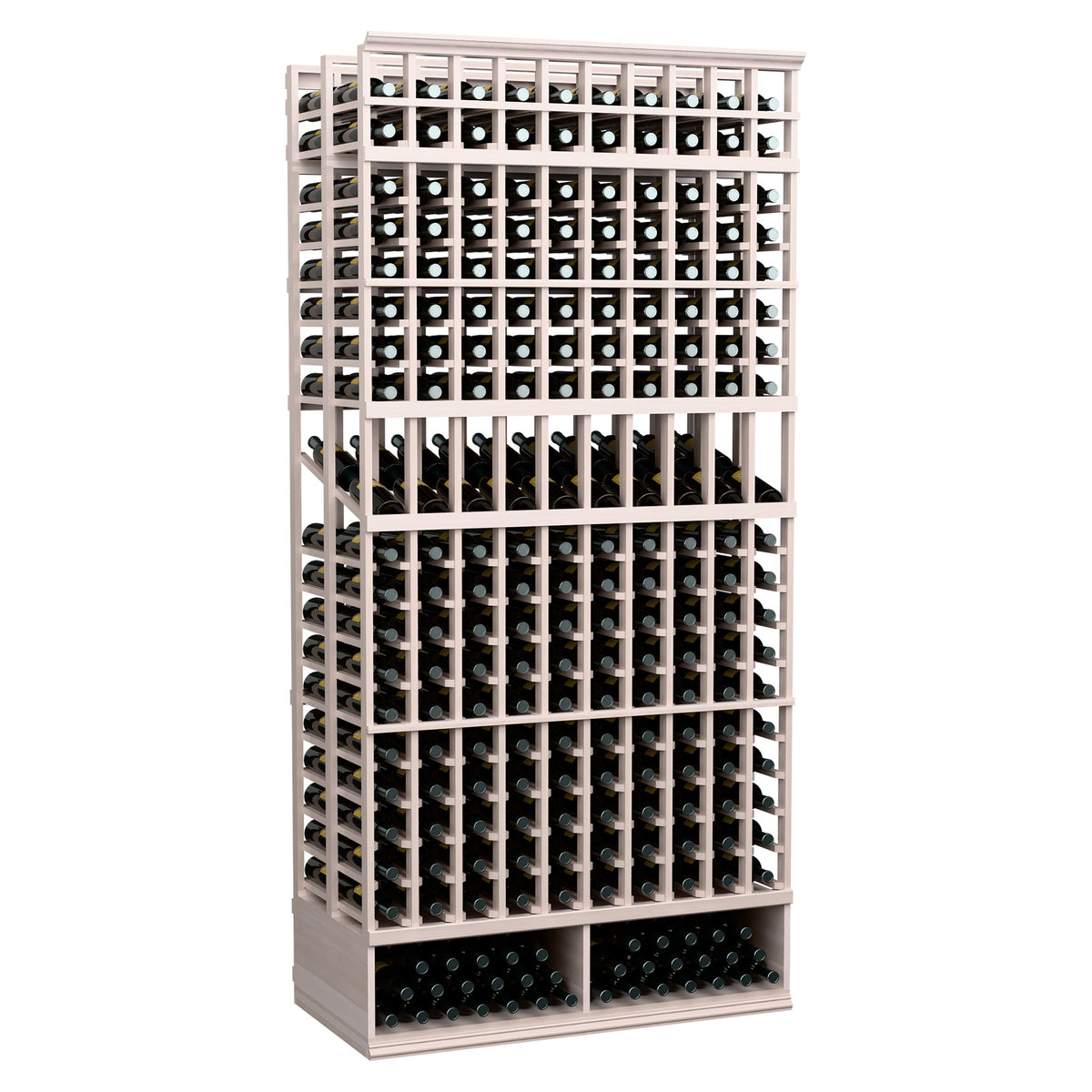 10-column double-deep wine display rack with dark wood frame and bottle grid storage