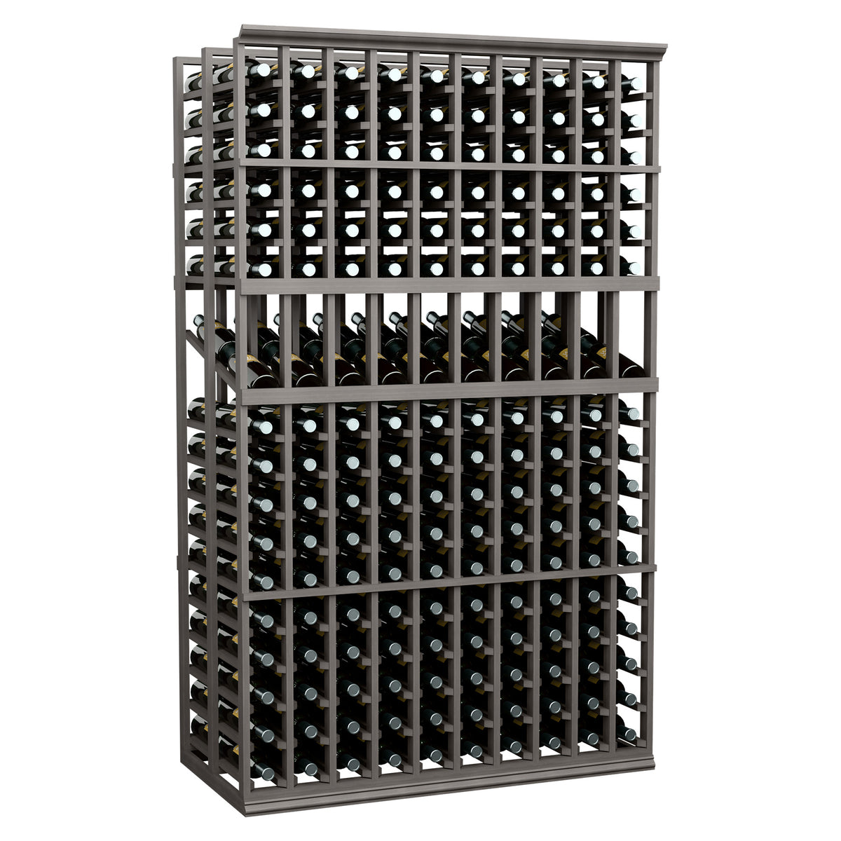 Double deep wine display rack with black frame and bottle neck slots, 10 columns wide.