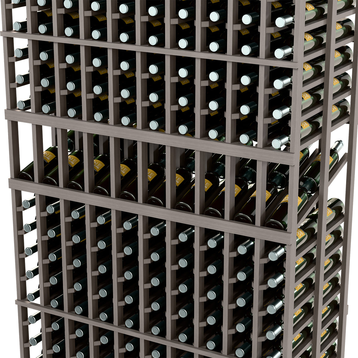 Close-up of black double deep wine display rack showing bottle slots and wood rails.