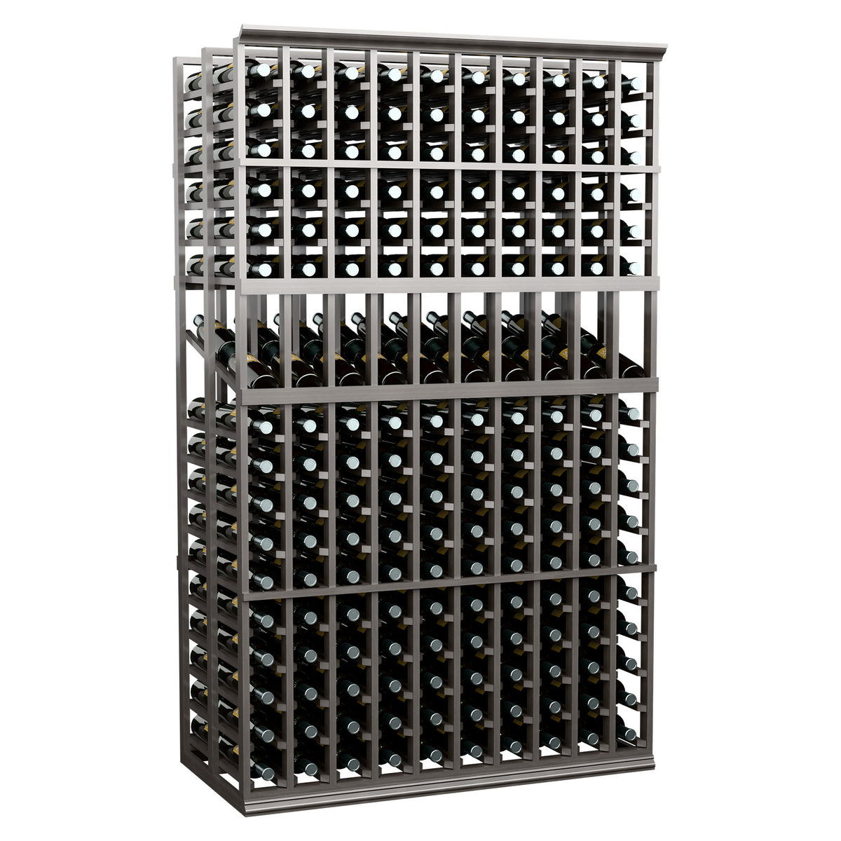 Double deep wine display rack with black frame and rows of bottle neck holders, 10 columns.