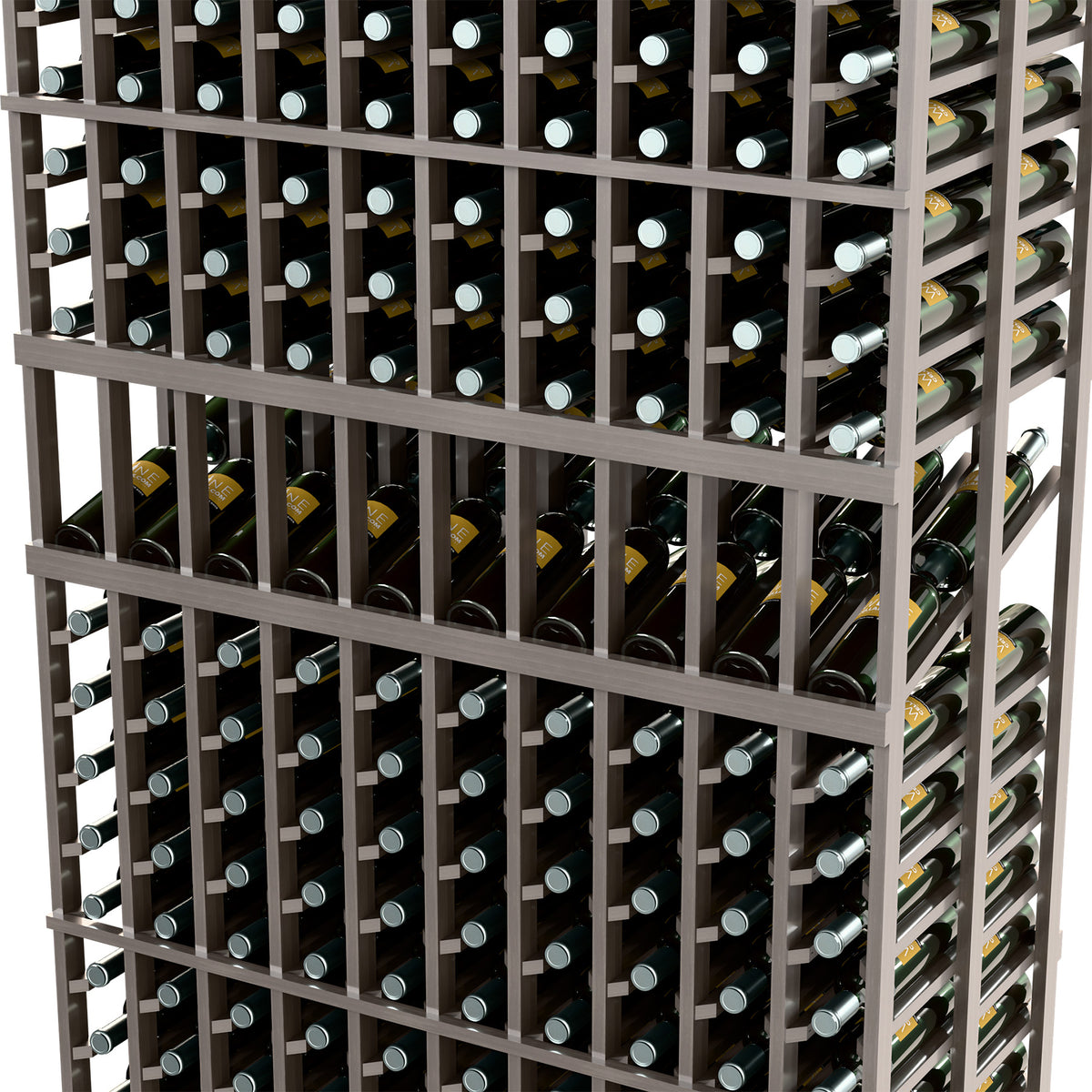 Close-up view of black double deep wine rack with bottle slots across two levels.