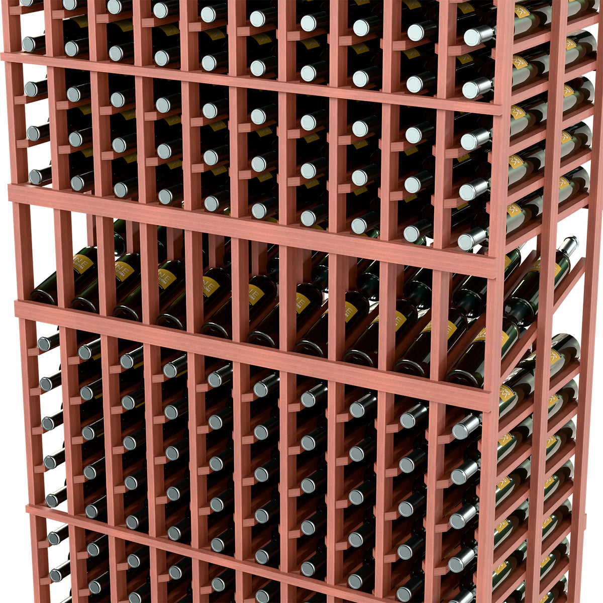 Close-up of reddish-brown double deep wine rack showing bottle slots and cross rails.