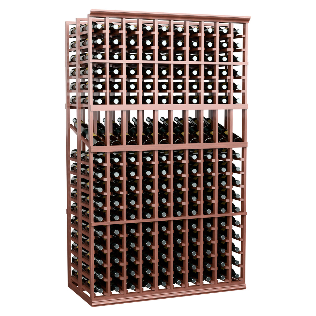Double deep wine display rack with reddish-brown frame and bottle neck holders, 10 columns.