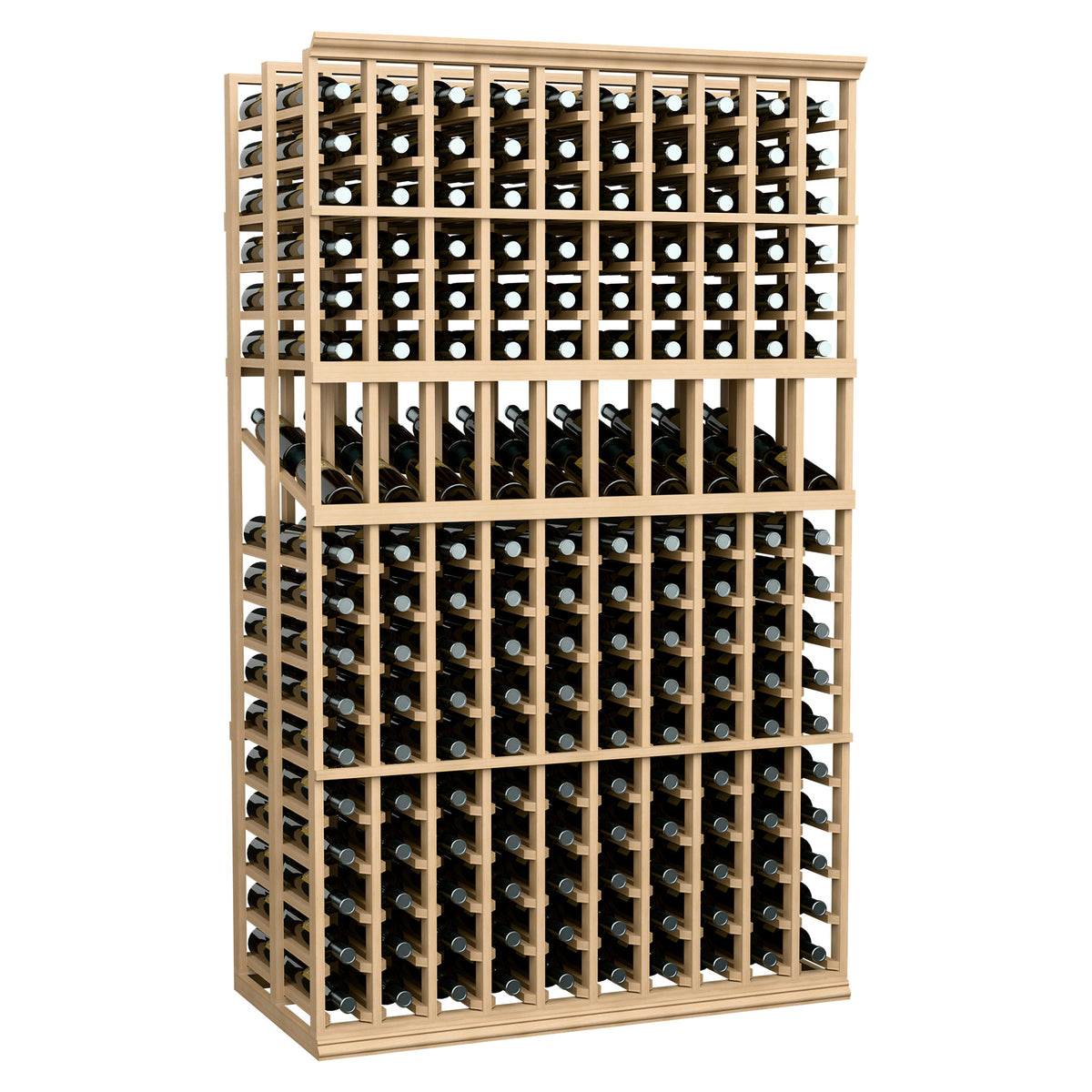 Double deep wine display rack with light wood frame and bottle neck slots, 10 columns.