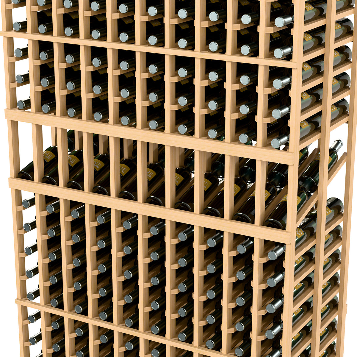 Close-up of light wood double deep wine rack showing bottle slots and horizontal rails.