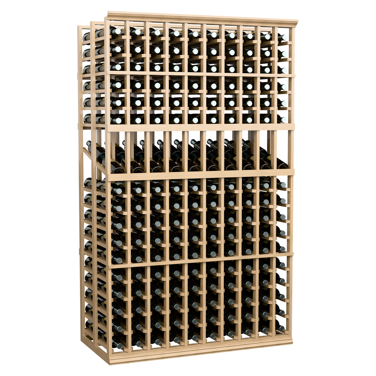 Double deep wine display rack with light wood frame and front bottle holder grid