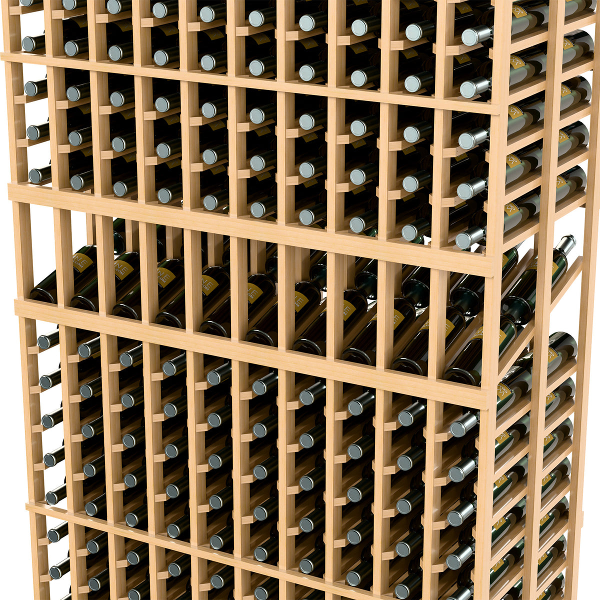 Close-up of wine bottle holders in a light wood rack with front glass bottle tops