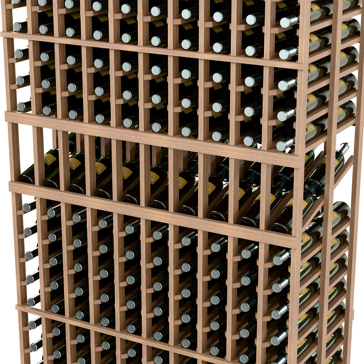 Close-up of wine bottle holders in a light wood rack with horizontal support bars