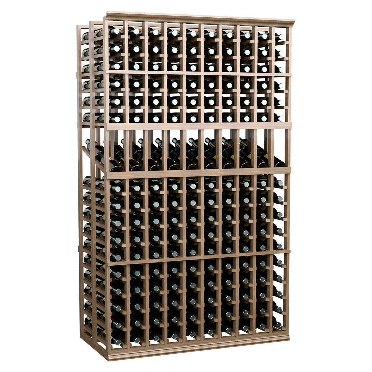 Double deep wine display rack with light wood frame and rows of wine bottles