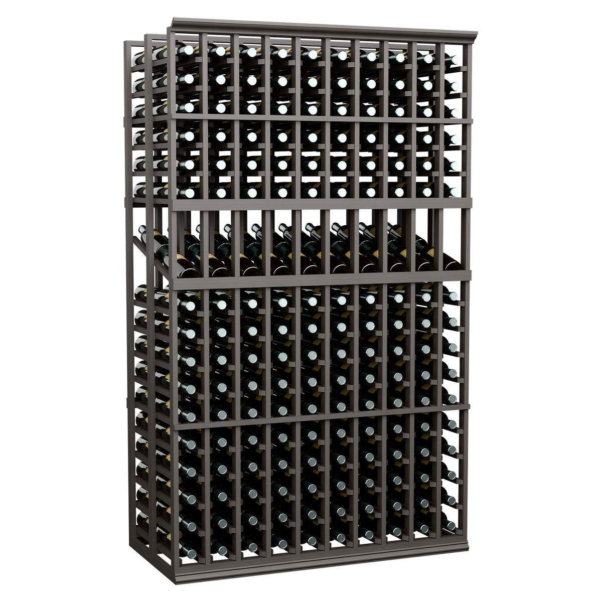 Double deep wine display rack with dark frame and front grid of bottle holders